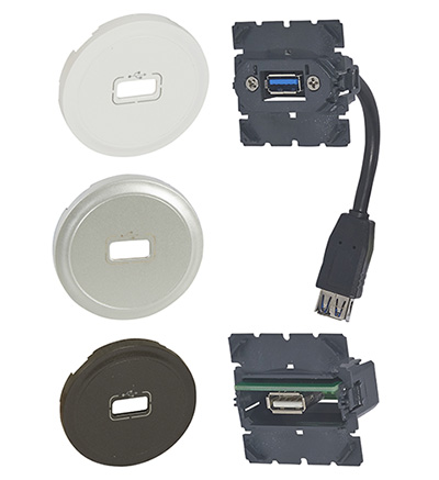 Prise murale USB 2.0 ou USB 3.0 A femelle, intérieur bornier ou femelle,  Céliane, par