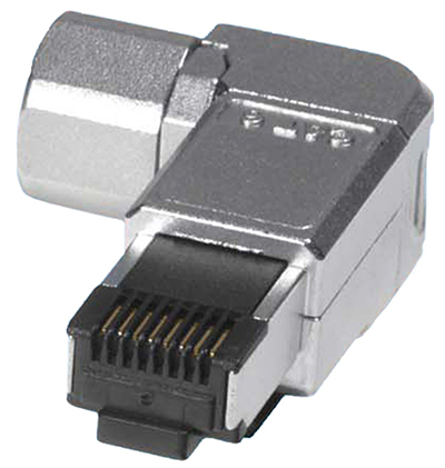 Prise RJ45 mâle, Cat6a, Blindée (FTP), pour AWG26 à AWG23, sans outil,  coudée à 90°, par