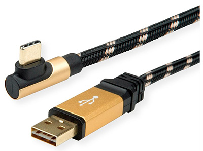 Câble USB 2.0, A mâle / C mâle, A réversible, C coudé, Or, Roline