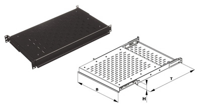 Plateau à glissières télescopiques, 19 pouces, 1U, profondeur 450, 25 kg, Conteg