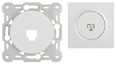 Plastron RJ45 simple, pour connecteur Keystone et enjoliveur Odace de Schneider, support intégré, 3M-Corning