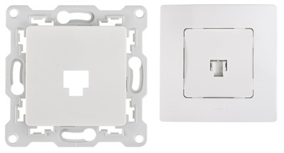 Plastron RJ45 simple, pour connecteur Keystone et enjoliveur Niloé de Legrand, support intégré, 3M-Corning